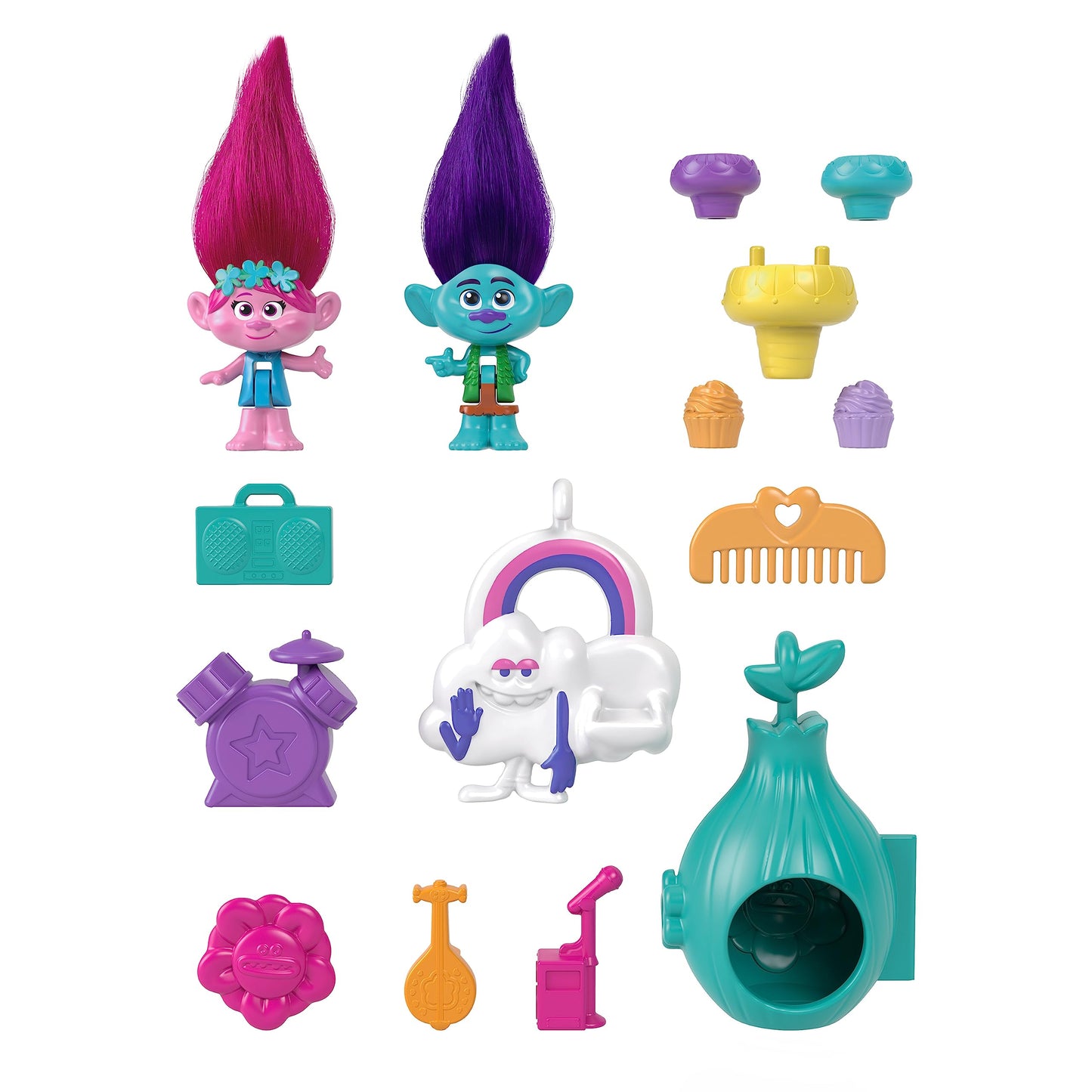 Polly Pocket Trolls Compact Playset with Poppy & Branch Micro Dolls, 13 Accessories, Model HKV39, Plastic