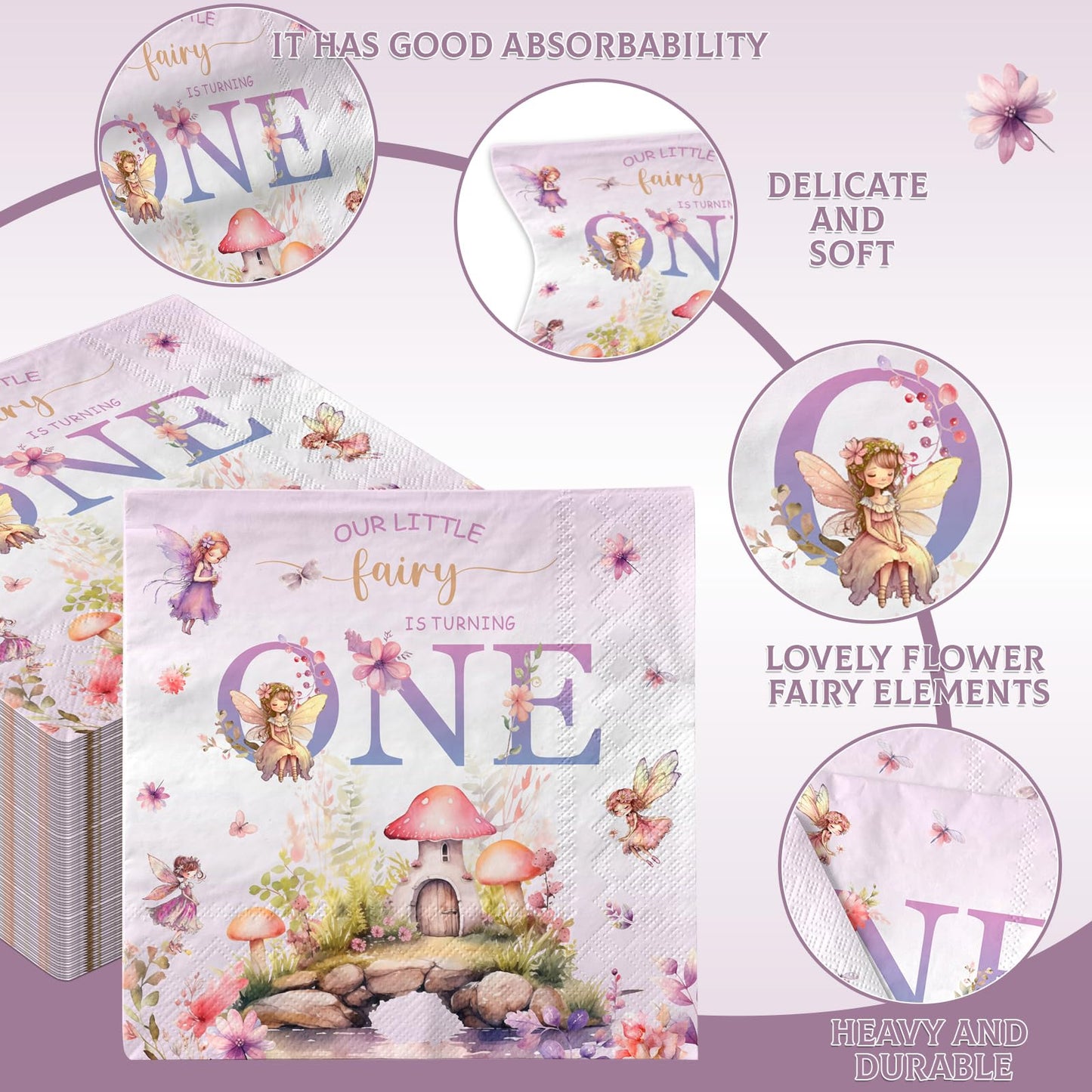 Fairy First Birthday Decorations-40Pcs Fairy One Napkins, Flower Little Fairy Is Turning One Paper Napkins Fairy Dinner Napkins