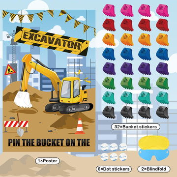 Hooqict Pin The Bucket On The Excavator Construction Party Games For Kids Boys Birthday Party Pin The Games Construction Party Decorations Supplies, Large Excavator Poster With 32 Stickers