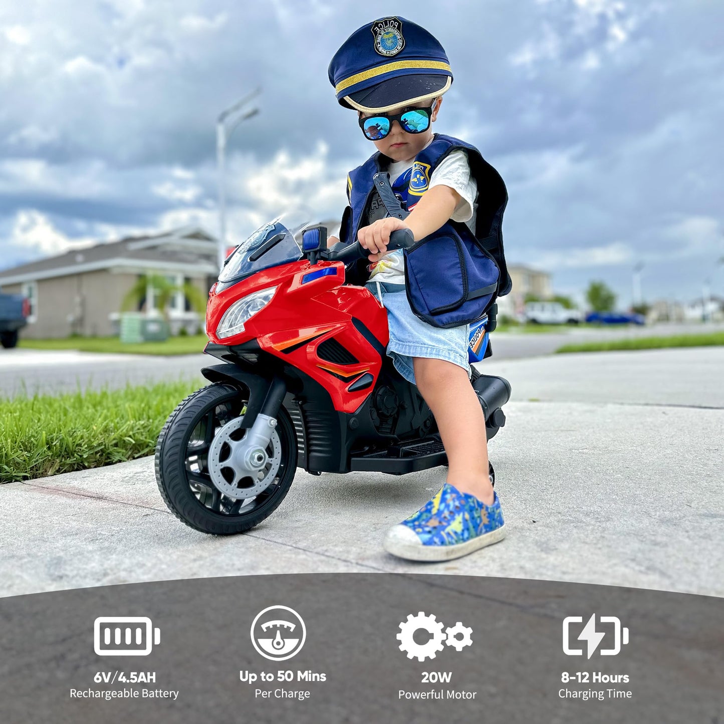 Outfunny Kids Motorcycle, 6V Electric Motorcycle For Kids With Detachable Training Wheels, Realistic Music, Headlights, Police L