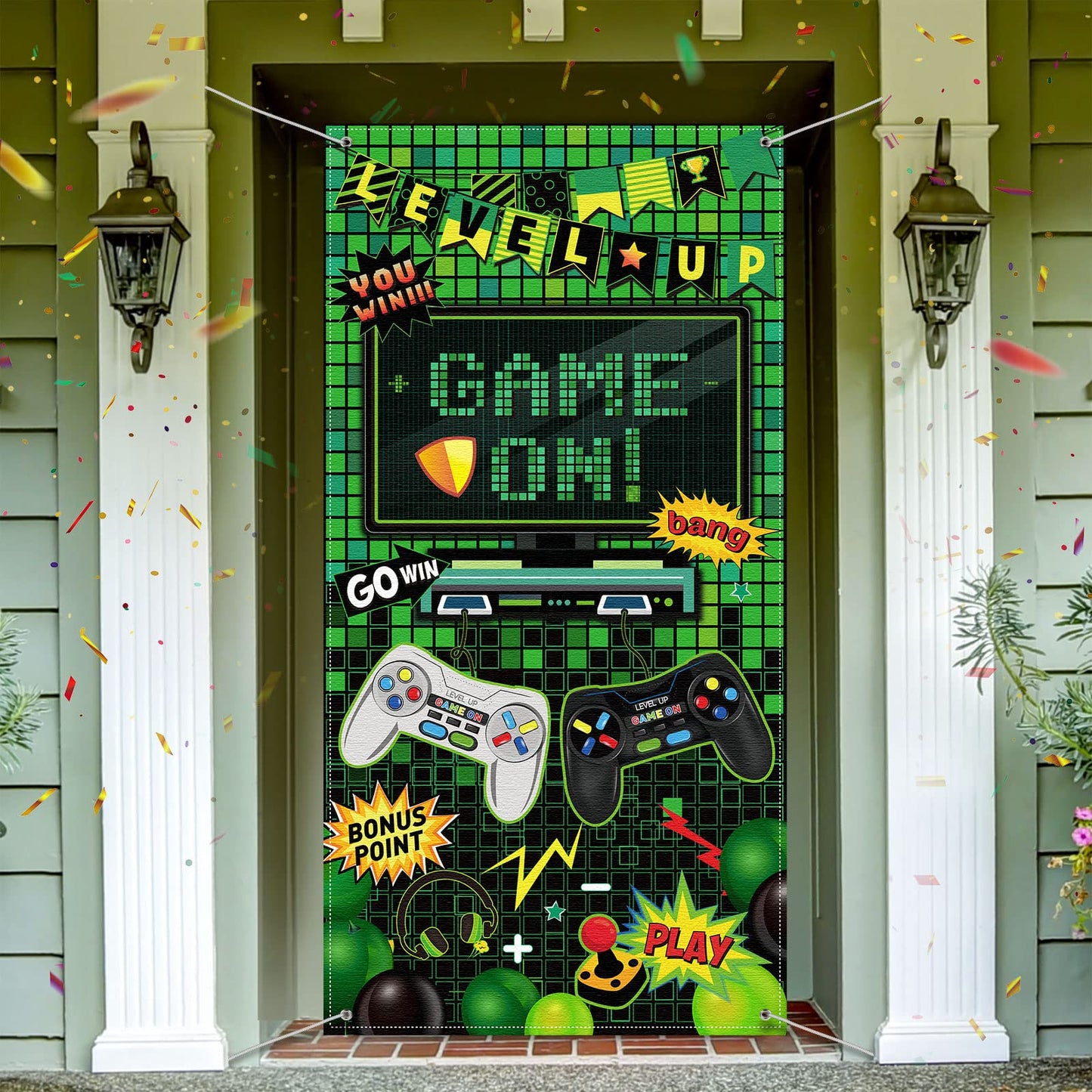 Blulu Video Game Party Decoration Video Gaming Photo Door Backdrop Game On Boys Birthday Photo Banner Gamer Room Decor For Game Fans Video Gamer Party Decoration Supplies (35.5 X 70.9 Inch)