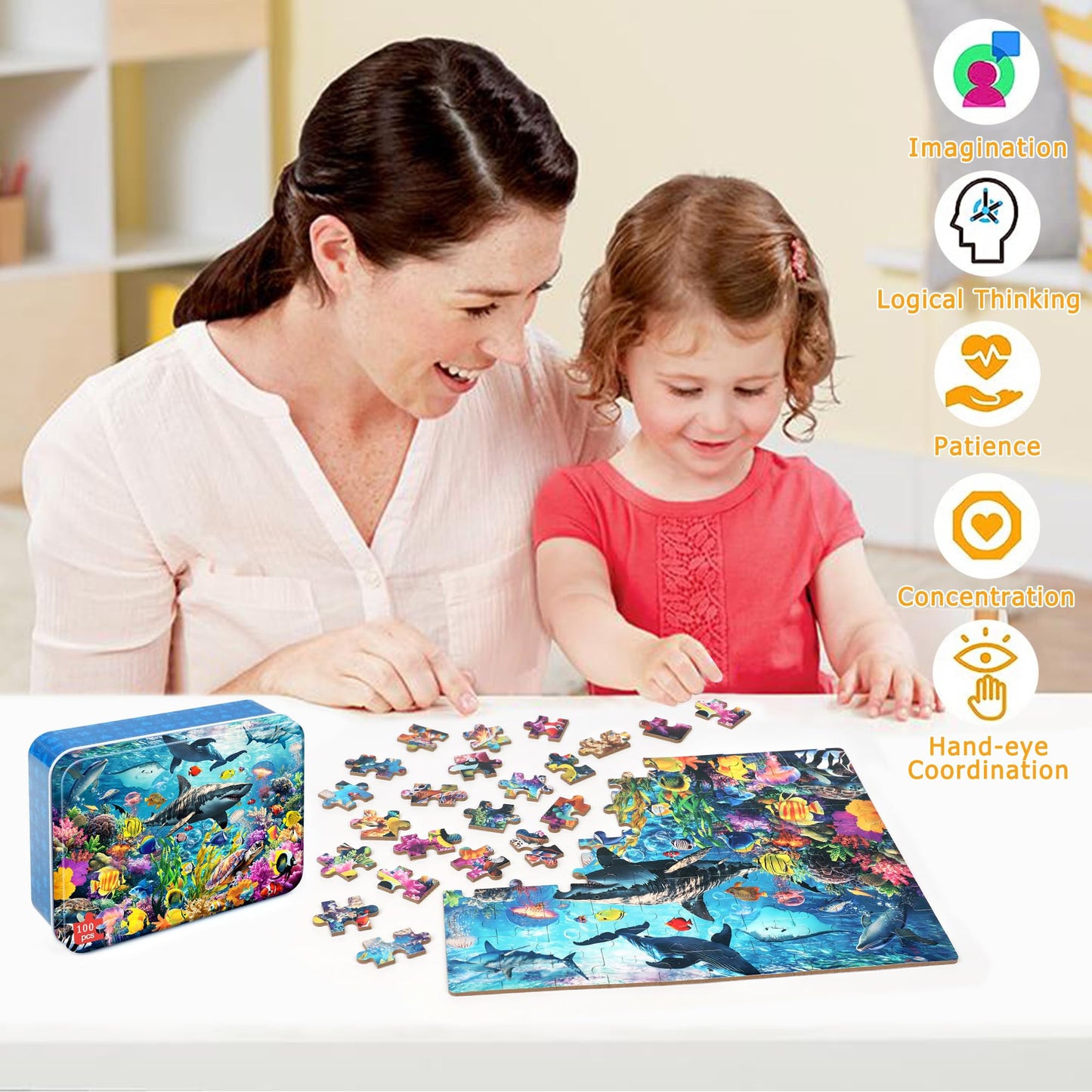 Lelemon Puzzles For Kids Ages 4-6,Underwater World Puzzle 100 Piece Puzzles For Kids In A Metal Box, Educational Kids Puzzles Jigsaw Puzzles 100 Piece Puzzle Games Puzzle Toys For Girls And Boys
