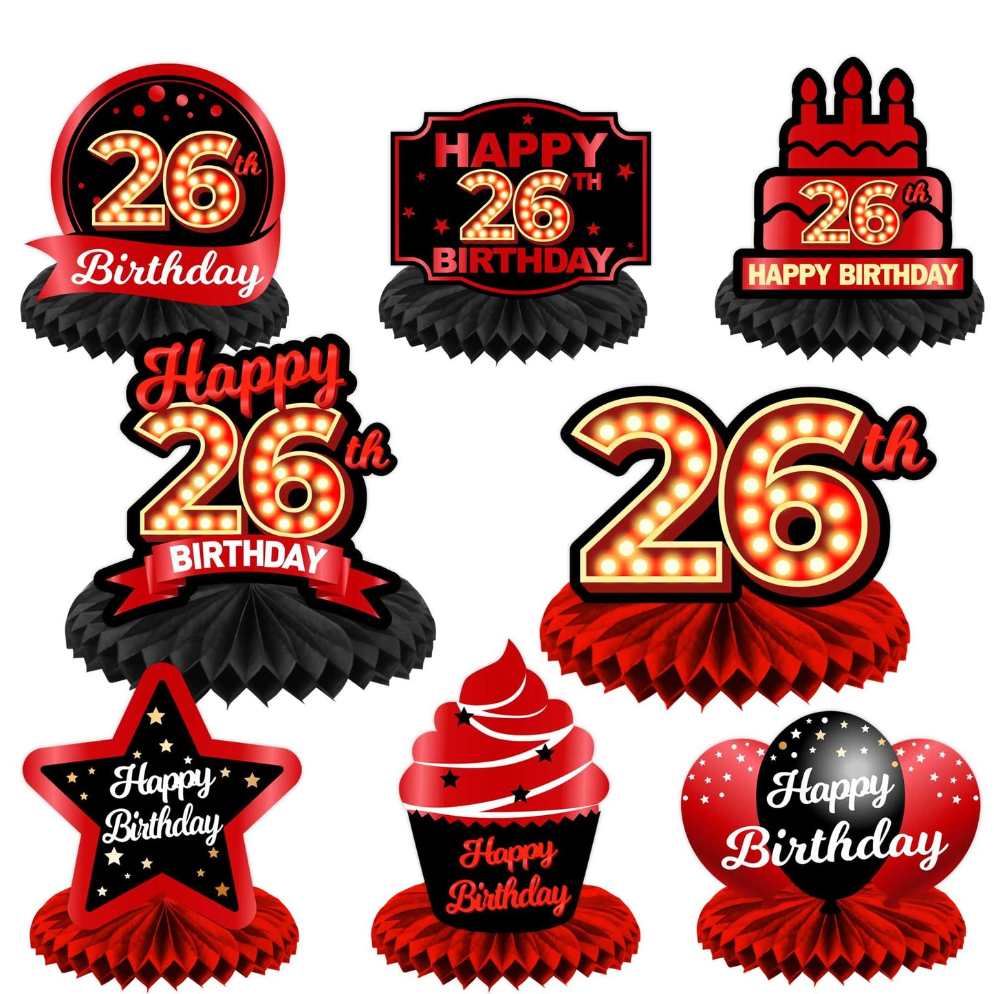 Happy 26Th Birthday Red And Black Table Honeycomb Centerpieces Balloons Theme Decor Table Decorations Table Toppers For Girls Women Princess 26 Years Old Birthday Party Bday Supplies Background Gold