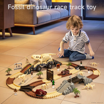 TUMAMA Dinosaur Toys Race Track, Dinosaur Fossil Theme Flexible Race Track Toy Set for Kids 3-5 5-7, Create Road Racing World fo