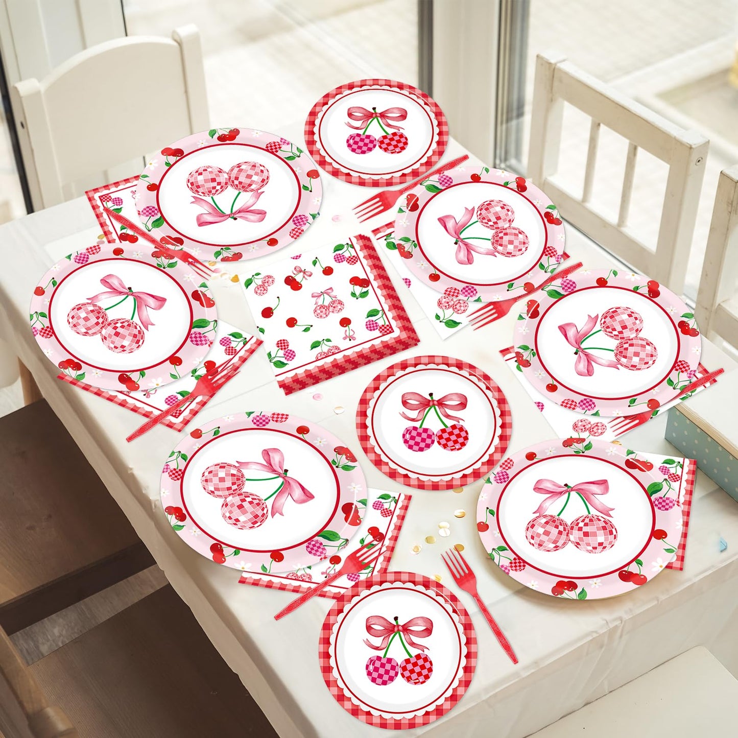 96Pcs Cherries Theme Plates and Napkins Pink Bow Cherry Birthday Party Decoration Disco Ball Disposable Dessert Cake Plates Cher