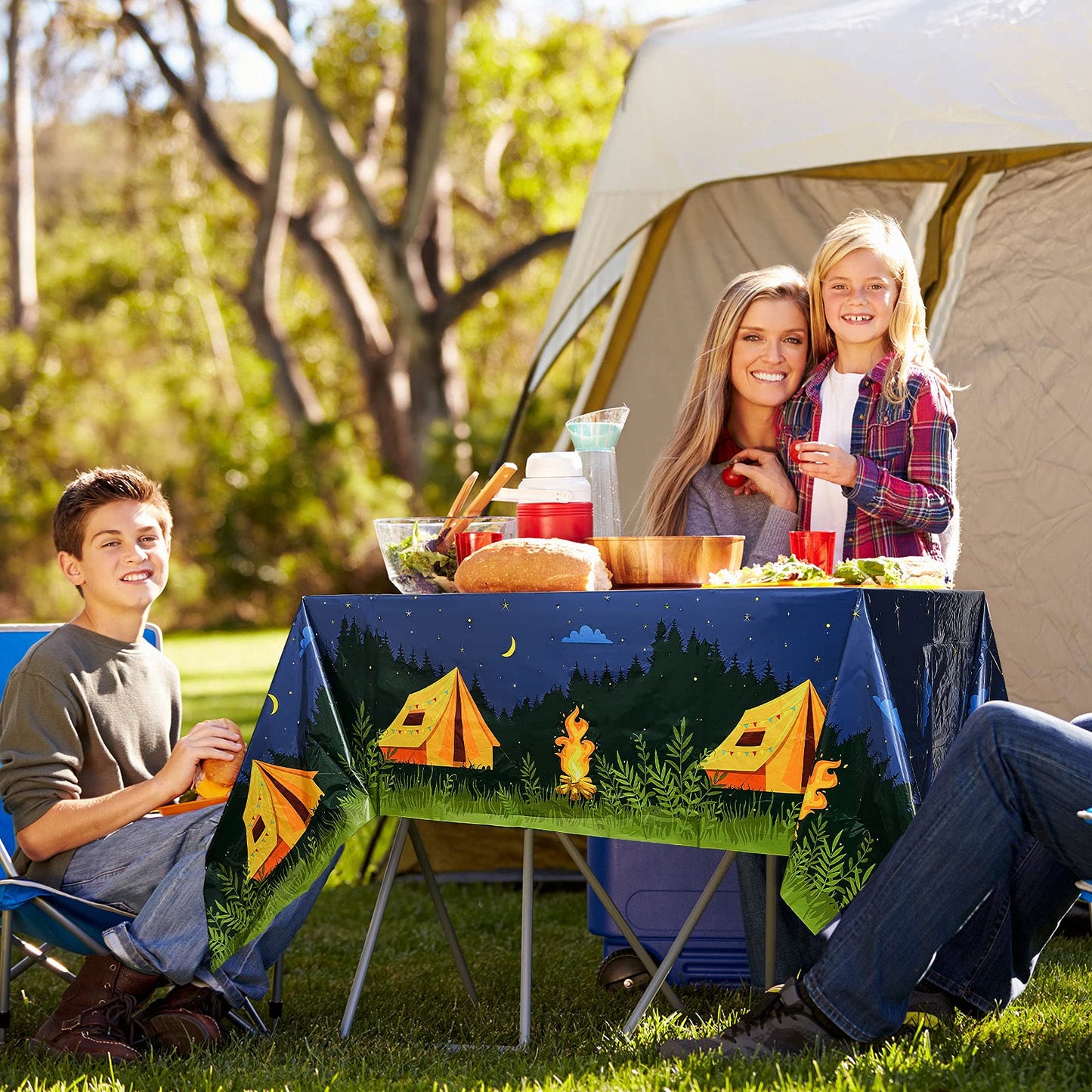 Breling 2 Pieces Camping Party Decorations Camping Tablecloth Plastic Rectangular Campfire Table Cover for Picnic Hiking Adventu