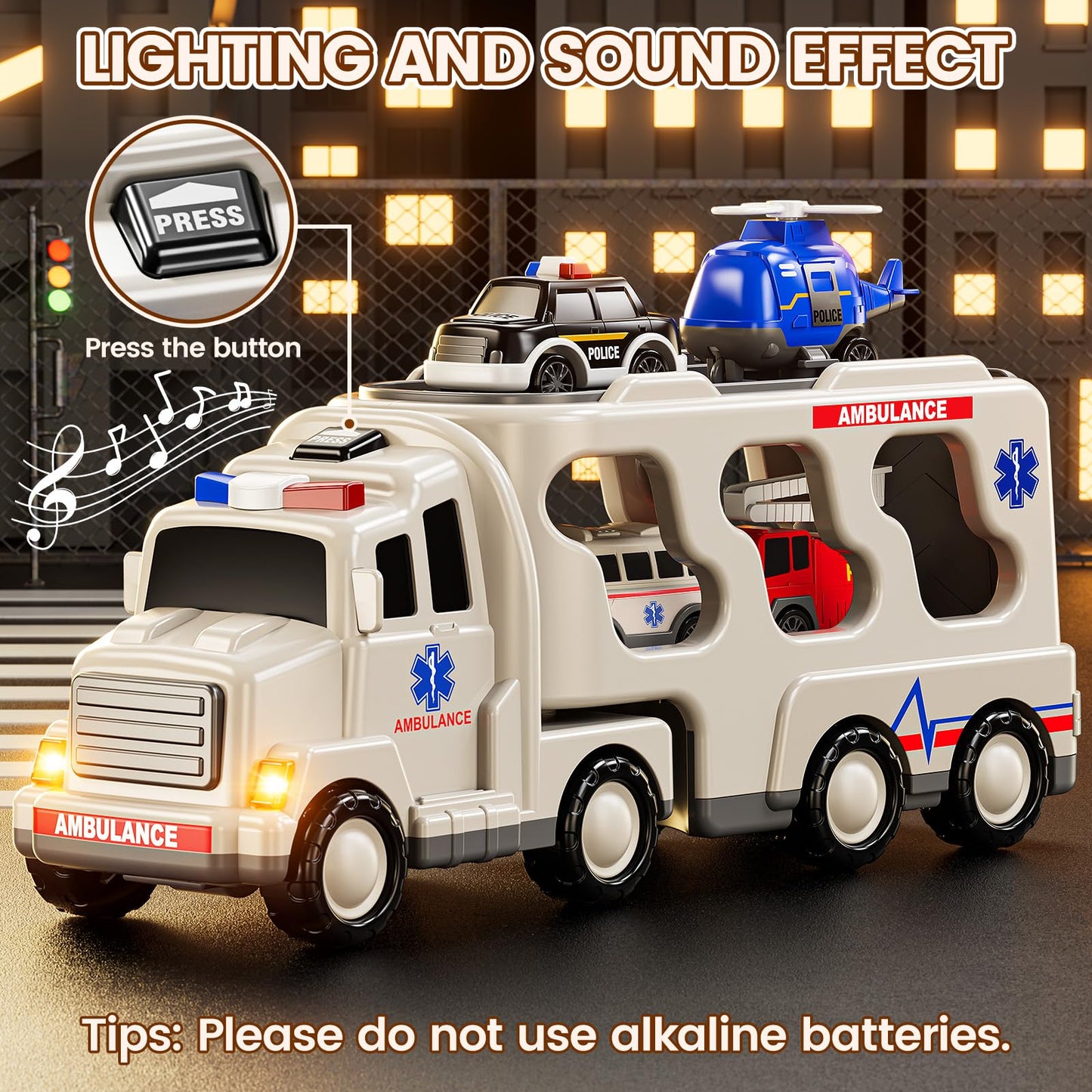 Jukudahu 5-In 1 Play Ambulance Toy Vehicle Toddler Truck Toys For 3 4 5 6 7 Year Old Boys - Friction Powered Cars With Light And