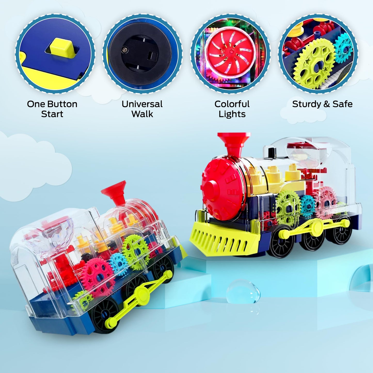 Tooty Toy Music Train Toy With Led Light Up For Kids - Colorful Moving Transparent Gears For Toddlers -Tummy Time Crawling Baby Toys -Ideal Gift For Boys Girls