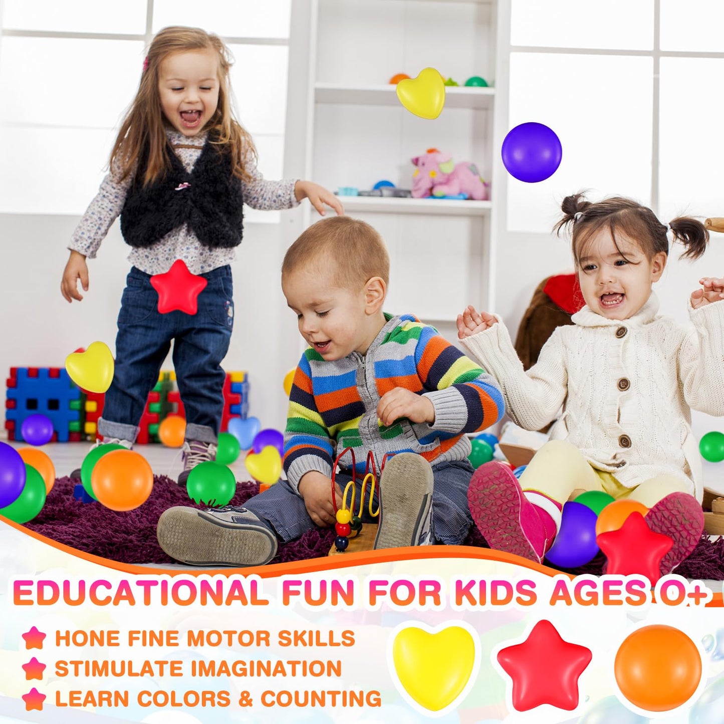 RoundFunny 100 Pieces Pit Balls for Kids Star Heart Shape Plastic Balls for Toddler Playpen 2.17'' Play Toy for Crawl Tunnel Inf