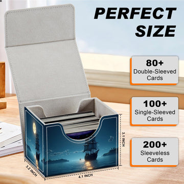 DEGDFSGR for TCG MTG Card Game Storage Box Organizer Trading Card Case Commander Deck Box Magnetic Closure Creative Pattern Up to 200 Cards Moon Ship Blue Sea