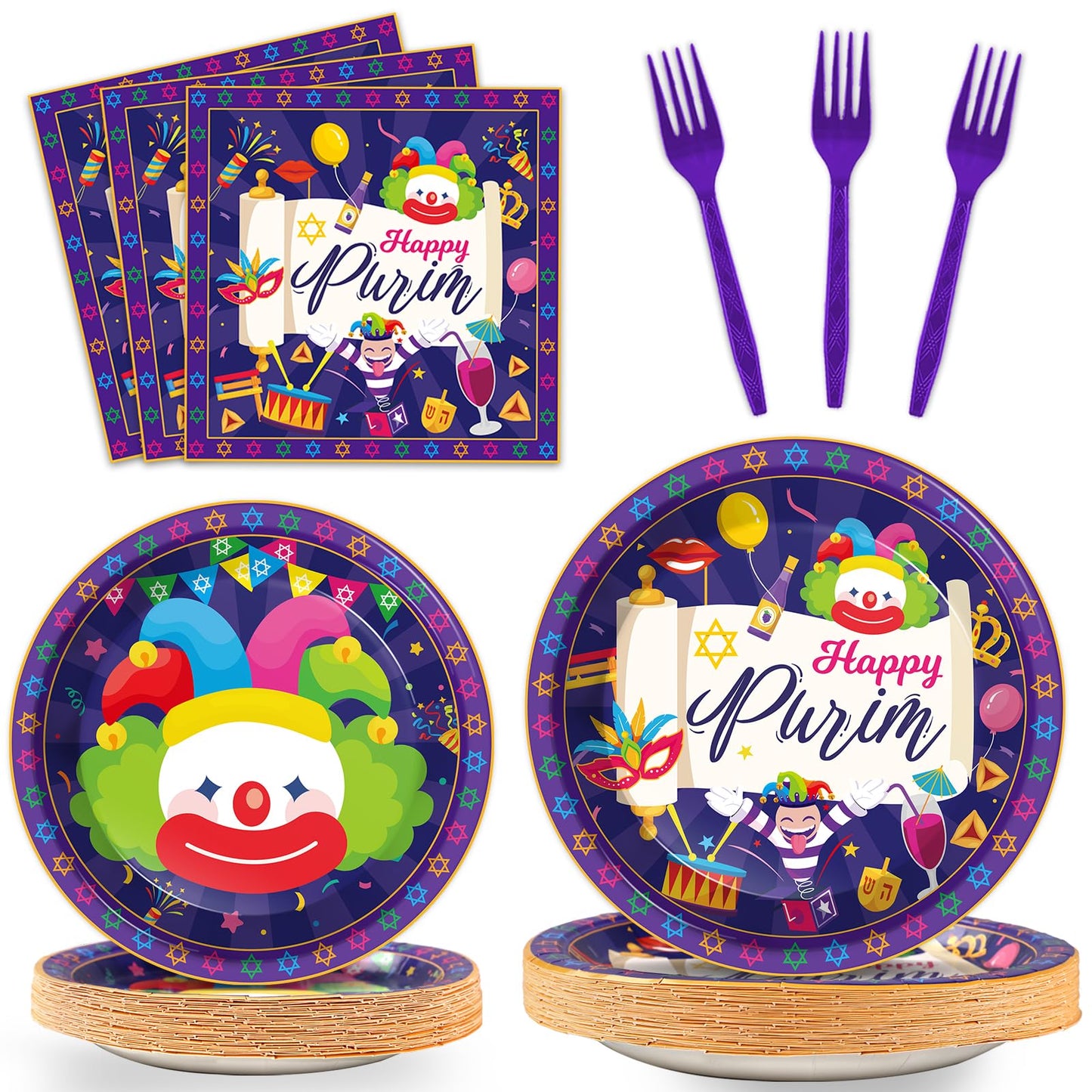 Gisgfim 96 Pcs Happy Purim Plates And Napkins Party Supplies Set Jewish Holiday Carnival Disposable Tableware Decorations Favors
