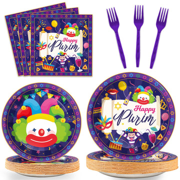 Gisgfim 96 Pcs Happy Purim Plates And Napkins Party Supplies Set Jewish Holiday Carnival Disposable Tableware Decorations Favors
