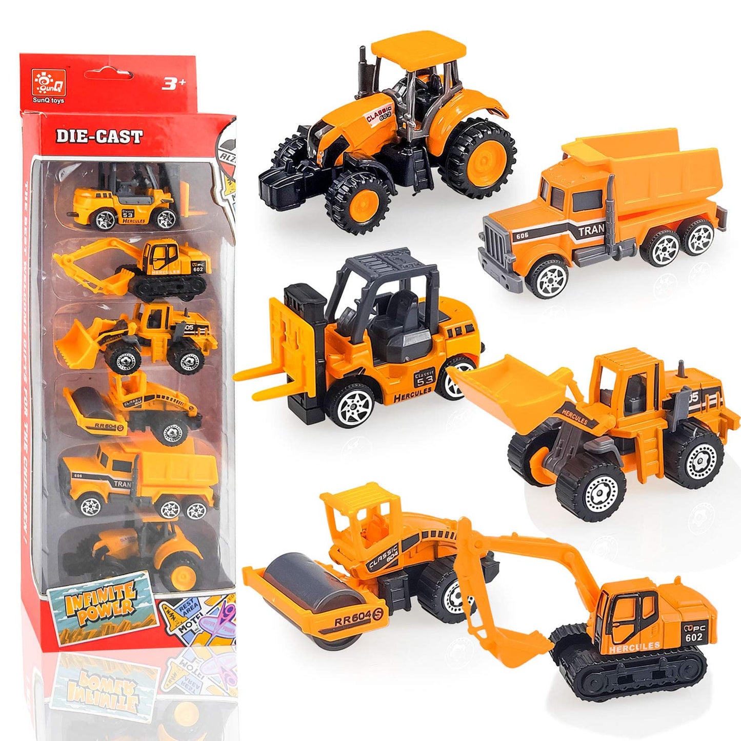 Blooming Lilies 6 Pack Diecast Construction Vehicle Toy Set, Mini Plastic Models for Boys & Girls, Yellow, Ages 1-7, Birthday Party Favors