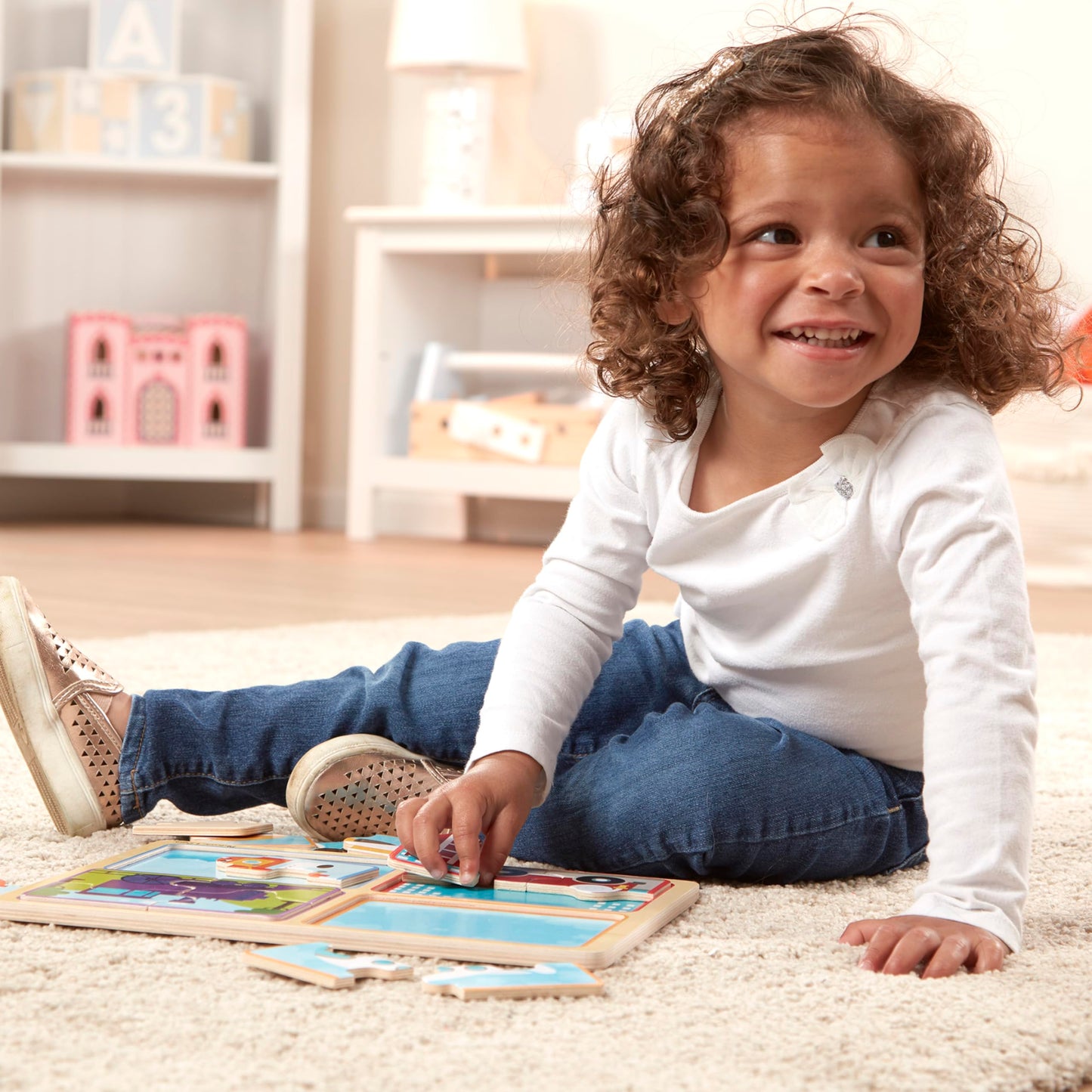 Melissa & Doug Natural Play Wooden Puzzle: Ready, Set, Go (Four 4-Piece Vehicle Puzzles)