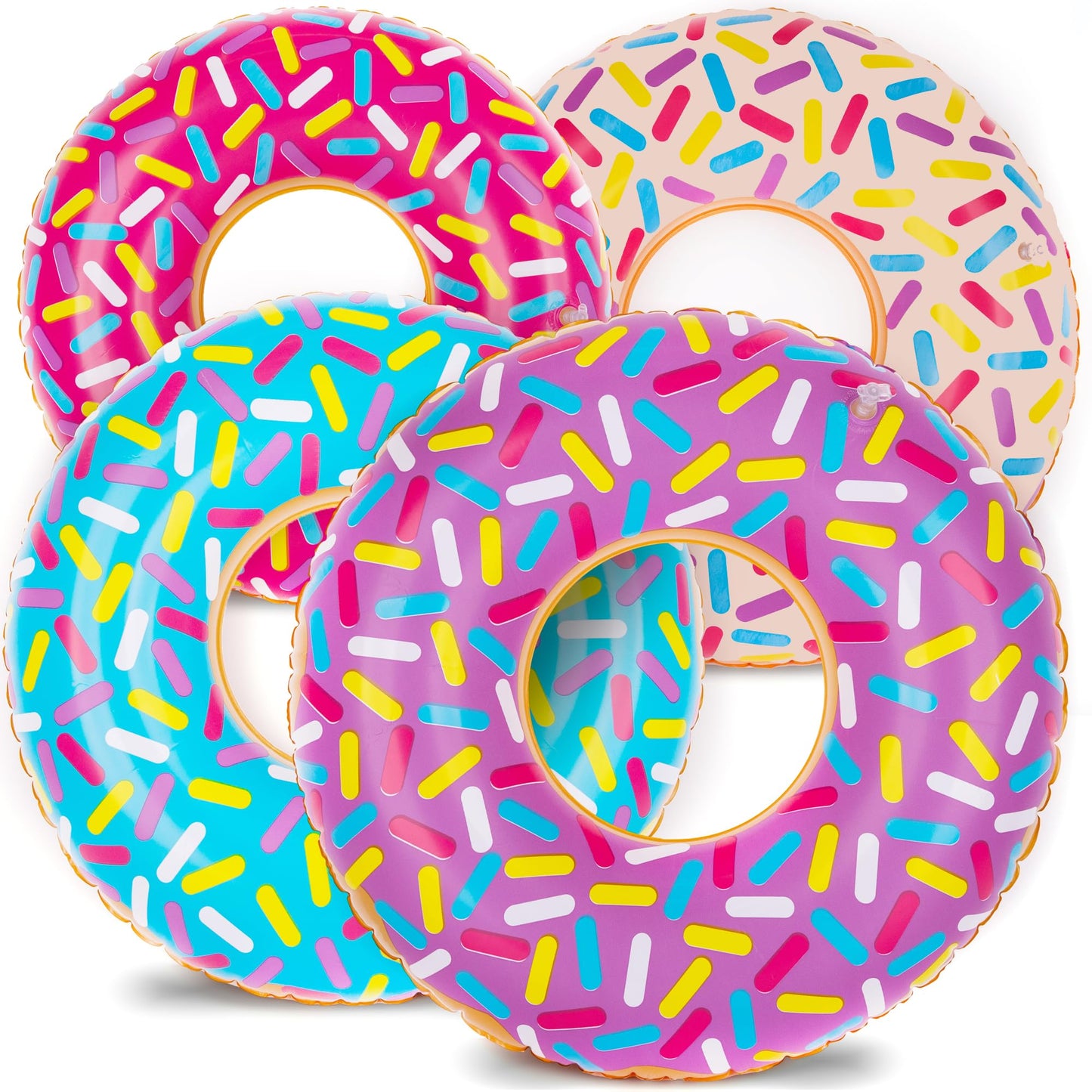 Inflatable Donut Pool Float For Kids, (Pack Of 4) Colorful Sprinkle Donut Inflatables Tube In Assorted Designs, For Summer & Beach, Donut Birthday Party Decorations, Durable Water Pool Toys For Kids