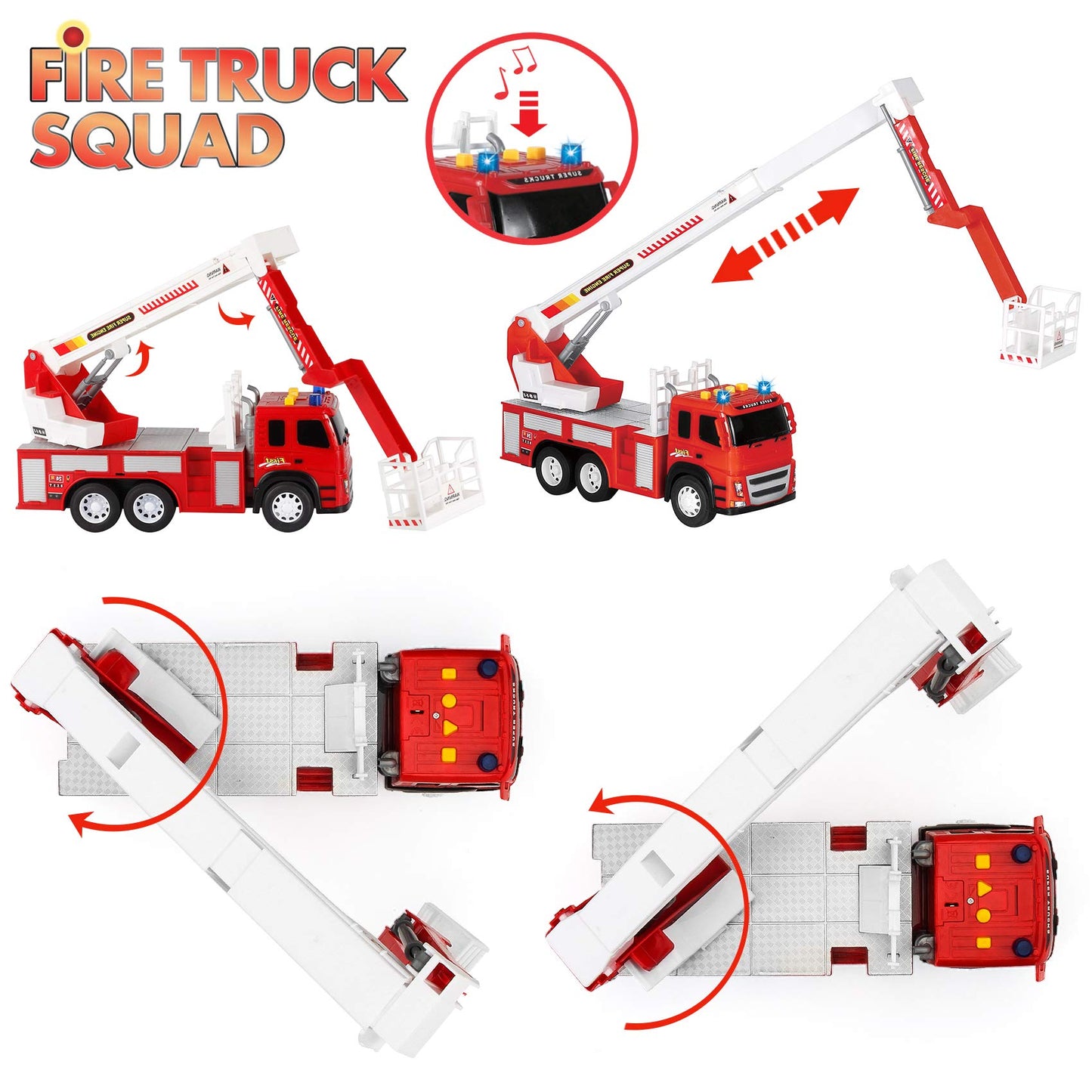 Fire Truck Playset - 1:12 Scale Large Size Toys - Realistic Fire Engine, 3 Firemen, Road Signs, Lights, Sounds - Friction-Powere
