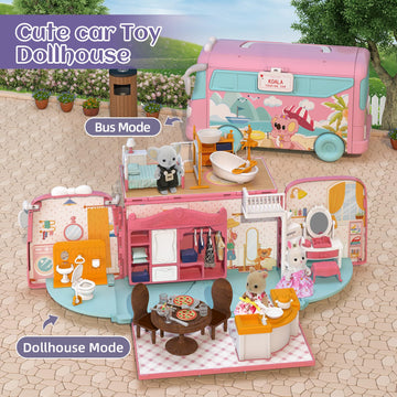 Mitcien Dollhouse Playset, Diy Pretend Portable Caravan Camper Bus Toy Kit With Little Critters Bunny Dolls Mini Cottage House Set Camping Family Toys For Toddler 3 4 5 6 Year Old Girl