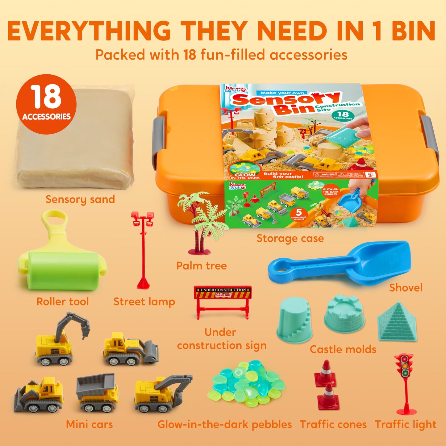 Klever Kits Construction Sensory Bin for Toddlers with Glow in The Dark Stones, Sandbox with Lid Magic Sand Castle Building kit,