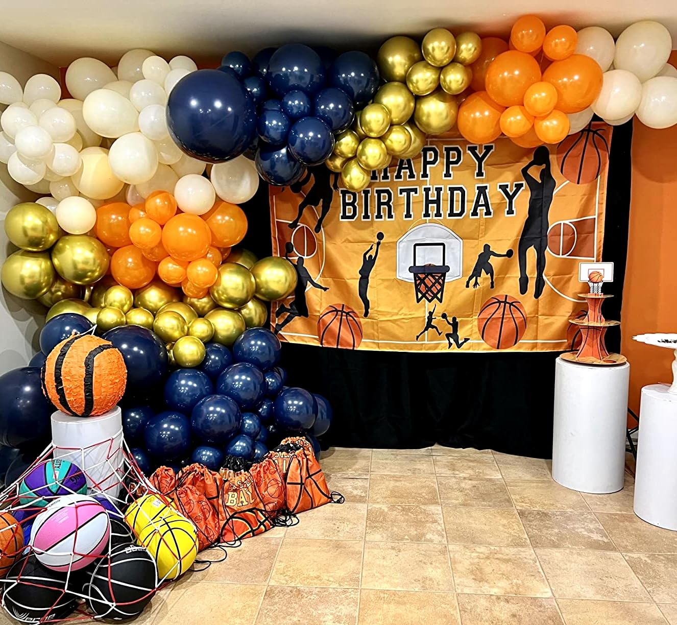 103 Pcs Balloon Arch Kit, Navy Royal Dark Blue Gold Orange Balloons Garland Kit, Metallic Chrome Latex Matte Balloons Different