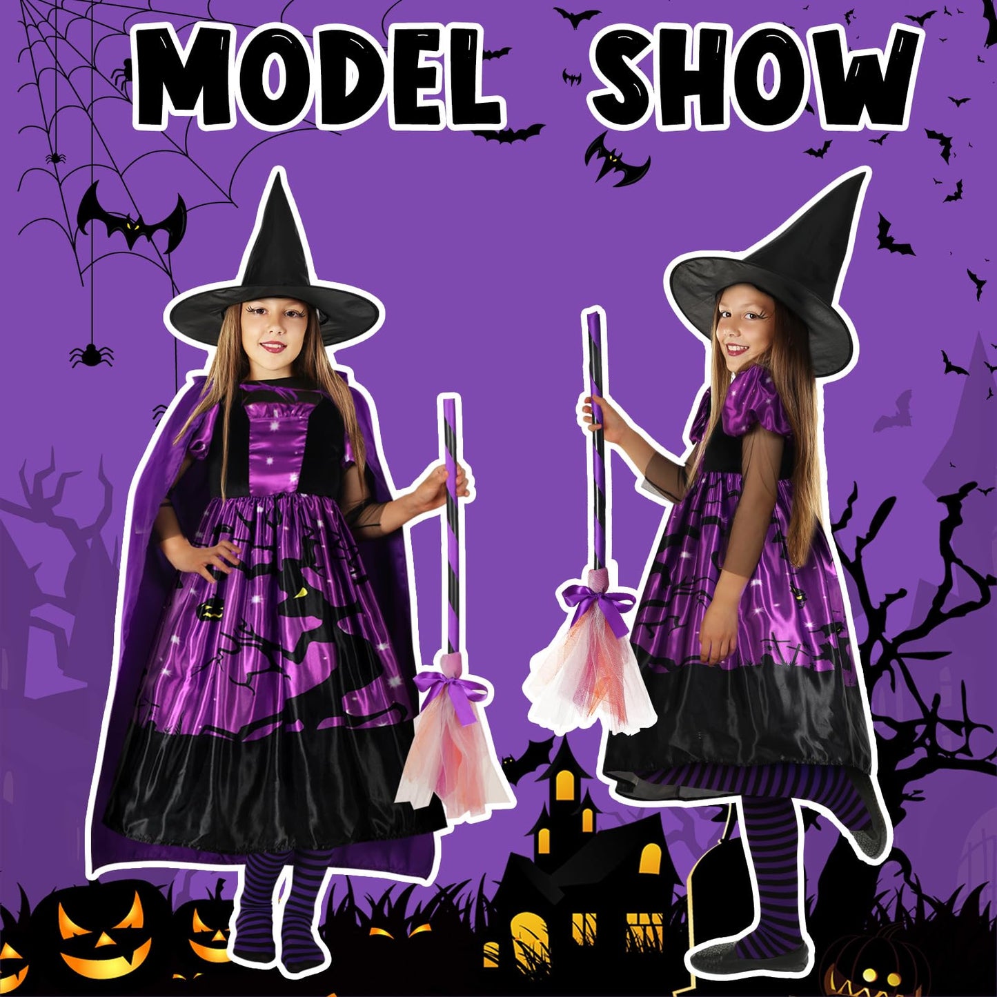Ramede 5 Pcs Girl Halloween Witch Costume Set Light Up Witch Dress Broom Cloak Hat Sock For Treat Or Trick Party(5-7 Year Old)