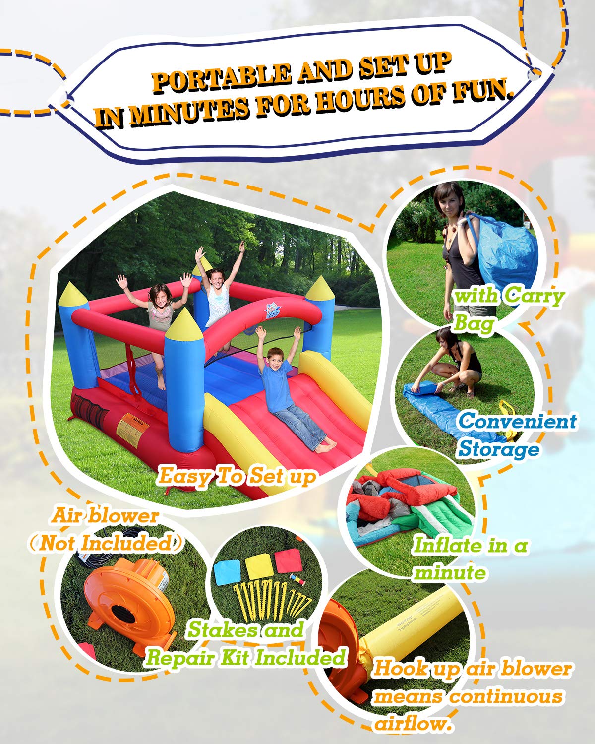 ACTION AIR Bounce House, Inflatable Bouncer Without Air Blower, 450W/0.6HP Blower Needed to Operate, Durable Sewn with Extra Thi