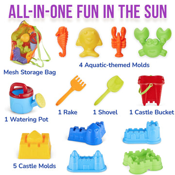 Click N' Play Toddler Beach Toys for Kids 3-10 - 13 Piece Sand Toys Including Sand Bucket, Watering Can, Rake, Shovel, 9 Sand Mo