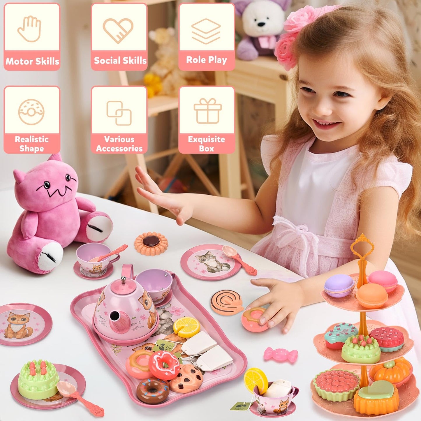 Lajeje Cat Tea Party Set for Girls - Pretend Play Toy with Kitten Tin Tea Set, Desserts & Carrying Case, Ideal Birthday Gift for Ages 3-6
