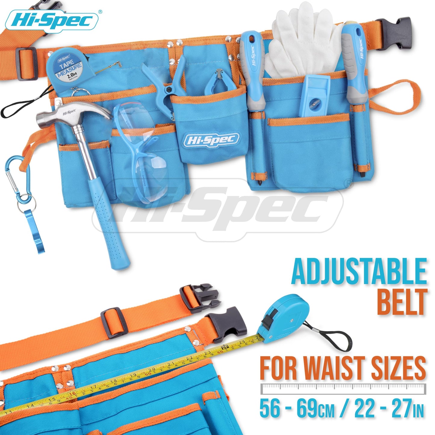 Hi-Spec 16pc Blue Kids Tool Kit Set & Child Size Tool Belt. Real Metal Hand Tools for DIY Building, Woodwork & Construction Lear