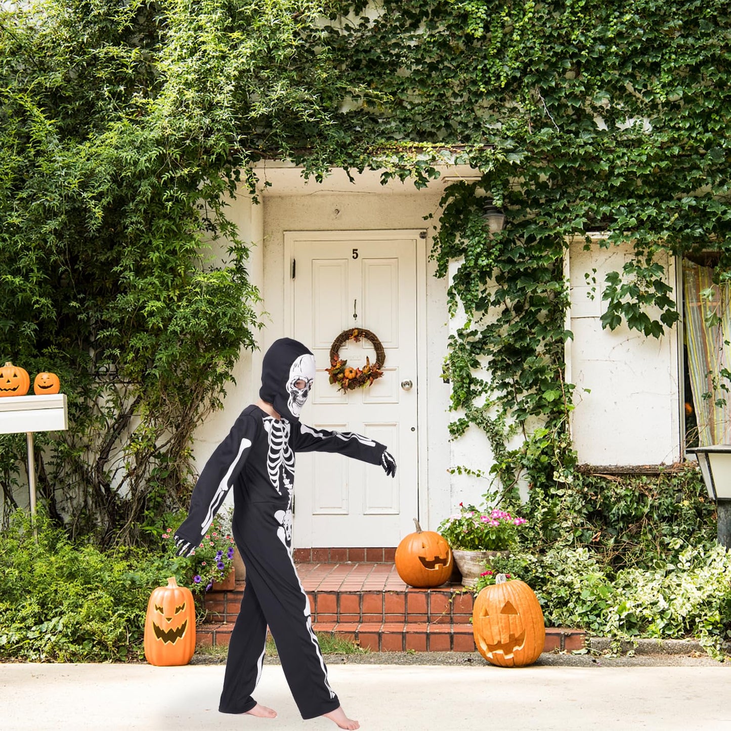 Leadtex Kids Gid Skeleton Halloween Costume, All In One Skeleton Printed Jumpsuit With Hood And Gloves(5-7Years