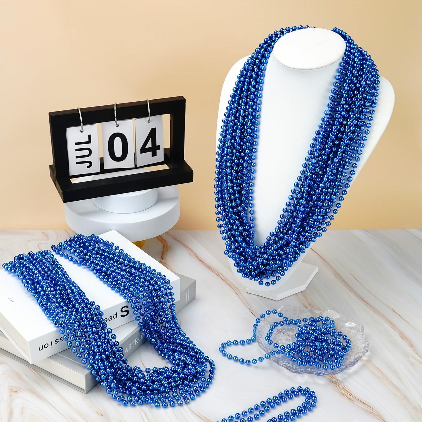 YAXINRUI 144 PCS Blue Bead Necklaces, Blue Mardi Gras Christmas Bead Necklaces, Blue Patriotic Necklace, 33 Inch Round Beaded Ne