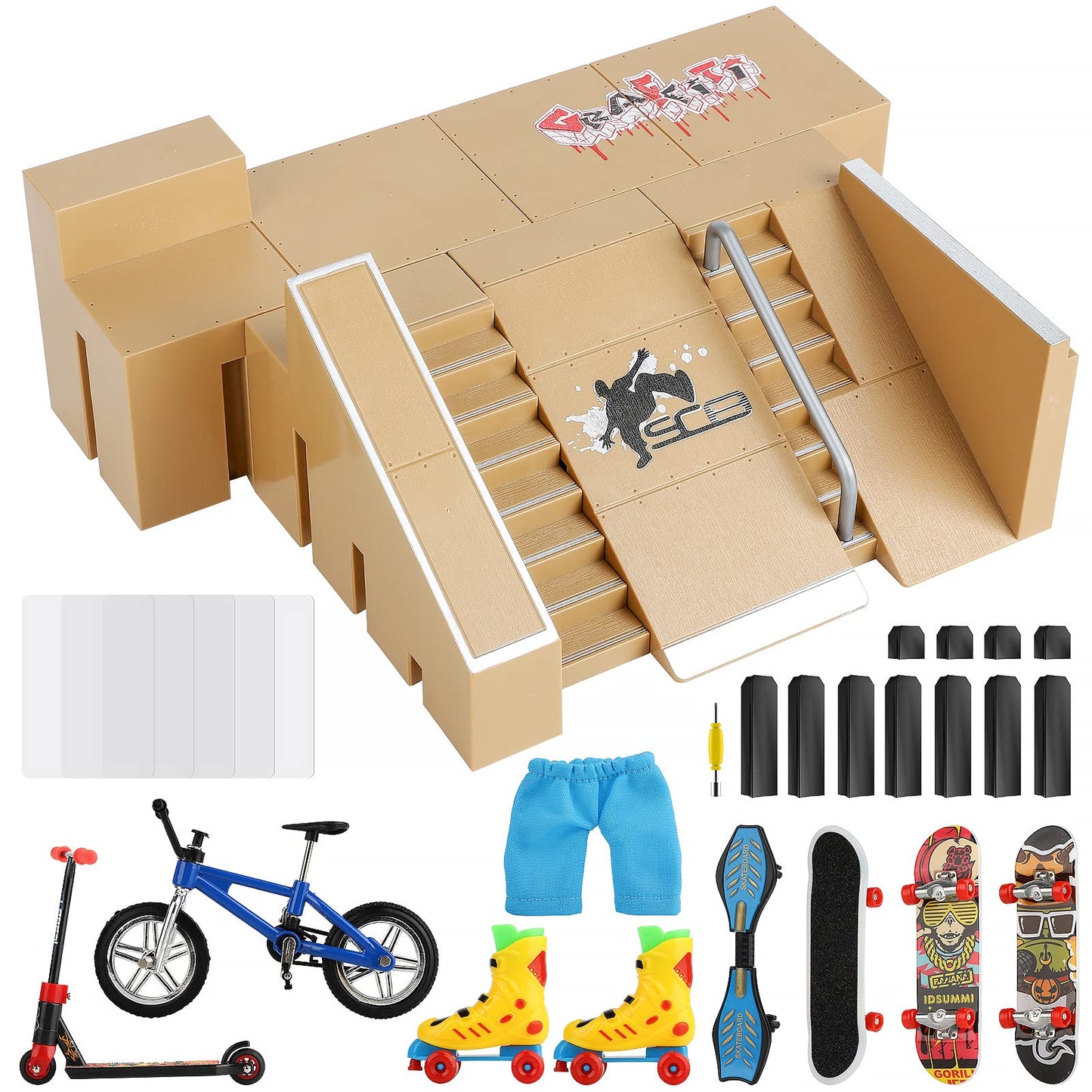 DaCool Fingerboard Skate Park Kit 17PCS Fingerboard Ramps Mini Finger Toys Finger Skateboards Swing Board Finger Bike Scooter Ro
