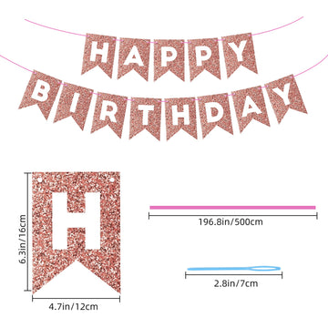 Hooqict Rose Gold Happy Birthday Banner Sign For Backdrop Glitter Rose Gold Birthday Decorations Banner Garland Bunting Flag For Women Girls Tea Party Supplies Wall Door Decorations