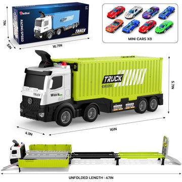 Diuerma Carrier Truck Race Track Playset for Boys, Foldable 3 Layer, Includes 8 Cars, Green, Ages 3-6+