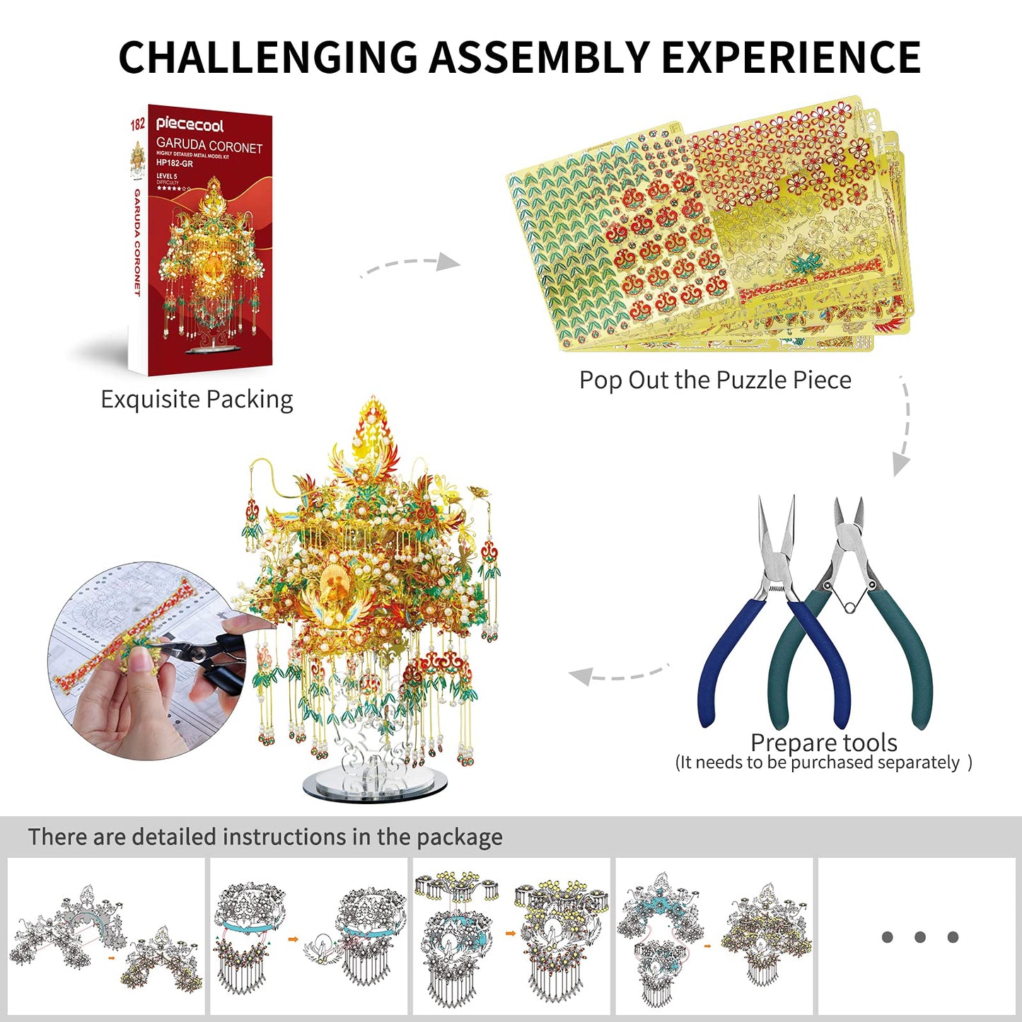 Piececool 3D Metal Asian Puzzles Model Kits- Garuda Coronet Metal Building Kit For Adults, Brain Teaser Puzzle Diy Handcraft Model Kits, Fidget Toys Gifts For Teens Man Woman Family- 522 Pcs