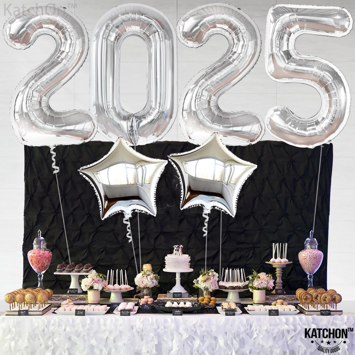 Katchon, 3Pc 40' & 18' Silver Star & Number 2025 Graduation Balloons - Helium Supported, Metallic Finish, Ideal For Graduation Decorations 2025, Children
