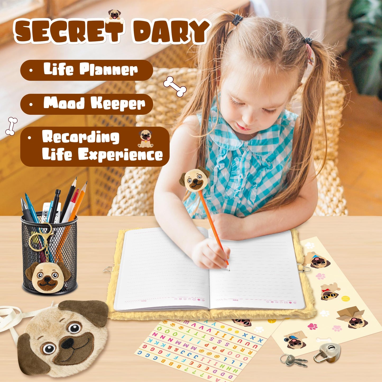 Cy2Side 6Pcs Bago Dog Diary With Lock And Keys For Girls Bago Dog Plush Secret Journal Diary Journaling Set For Writing Make Your Own Scrapbook With Crafts Idea Birthday Gifts For Teen Girls Diy Gifts