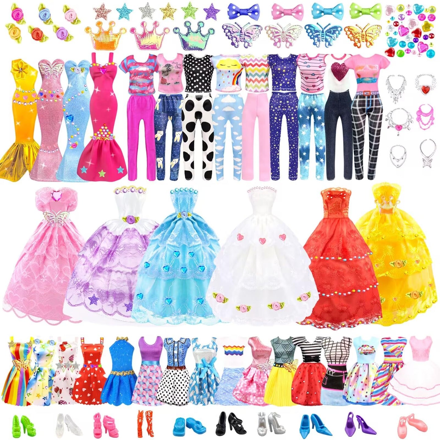 75Pcs Doll Clothes And Accessories Fashion Design Kit For 11.5 Inch Doll Dress Up Including 2 Wedding Gown Dresses 1 Fashion Dress 2 Party Dress 8 Mini Dresses 3 Tops And Pants 10 Shoes 6 Necklaces