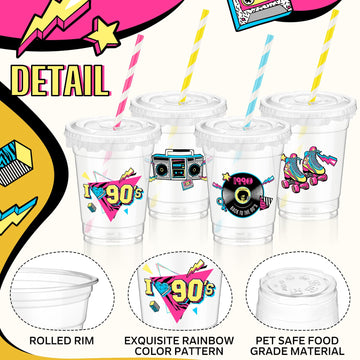 Foldtier 50 Pcs 90S Party Cups Disposable Plastic Cup 12 Oz G Back To 90S Cups Thick 90S Theme Clear Cup Lids Straws Retro Music