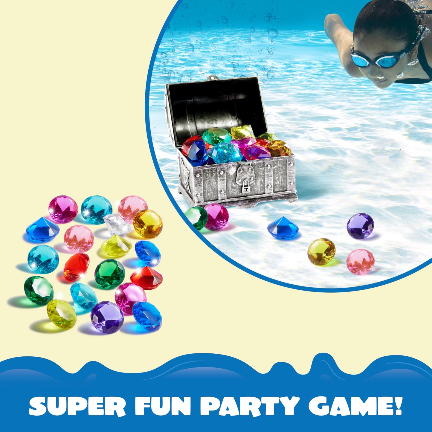 Sloosh Diving Gems Pool Toys, 16 Big Colorful Diamond With Pirate Treasure Chest, Swim Dive Toy For Kids Underwater Gemstone Swimming Training Gift Water Toys Pool Games(Silver)
