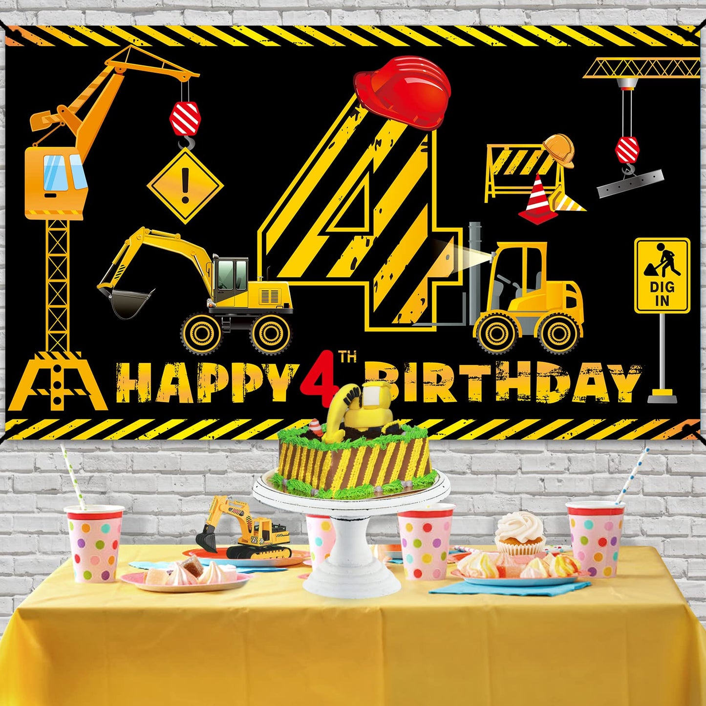Construction 4Th Birthday Banner Decorations For Boys Kids, Dump Truck Construction Theme Four Birthday Party Supplies, Excavato