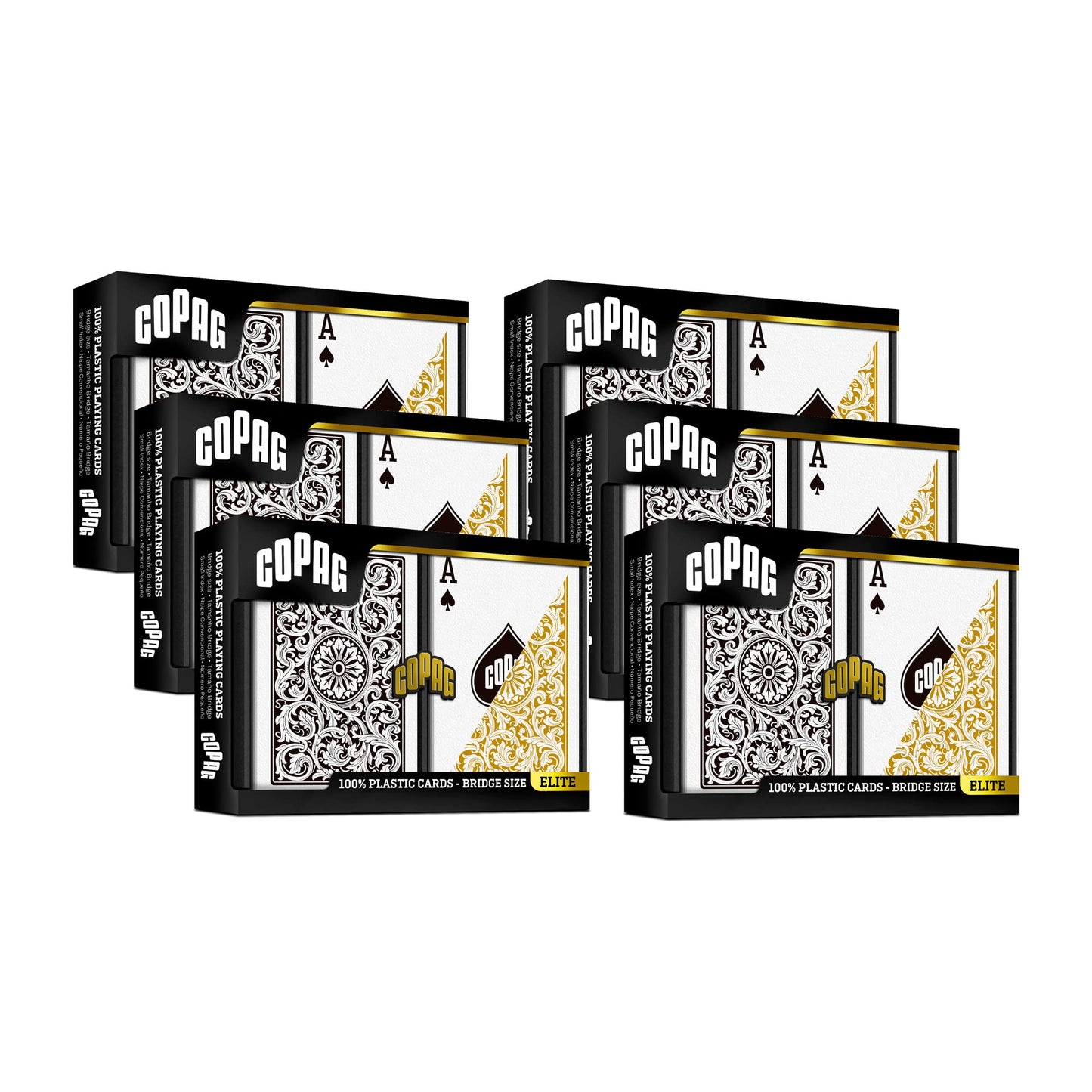Copag 1546 Design 100% Plastic Playing Cards, Bridge Size (Narrow) Black/Gold (Standard Index, 6 Sets)