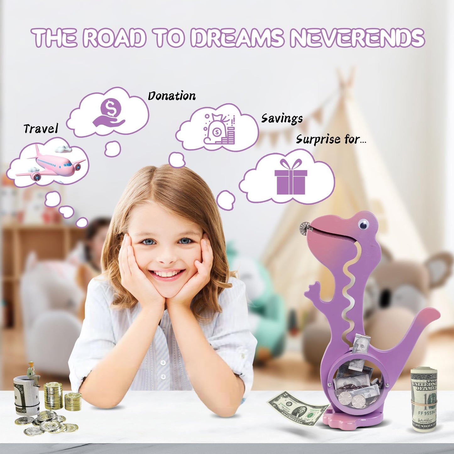 squacco Dinosaur Piggy Bank Boalord for Girls Boys Kids Big Animal Personalized Wooden Coin Bank Money Saving Box for Children mature-themed Best Toy Gift(Dino -Purple)