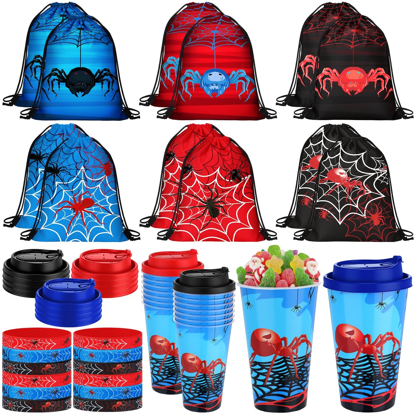 Potchen 48 Pcs Spider Party Favors Spiderweb Birthday Party Supplies Hero Decorations for Guests Including Drawstring Gift Bags