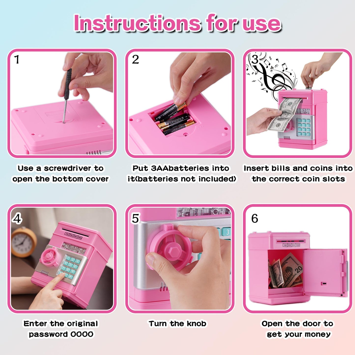 Evthsu Pink Electronic Atm Safe Piggy Bank For Kids - Real Money Savings Coin Bank With Code Lock & Password, Gift Money Box For