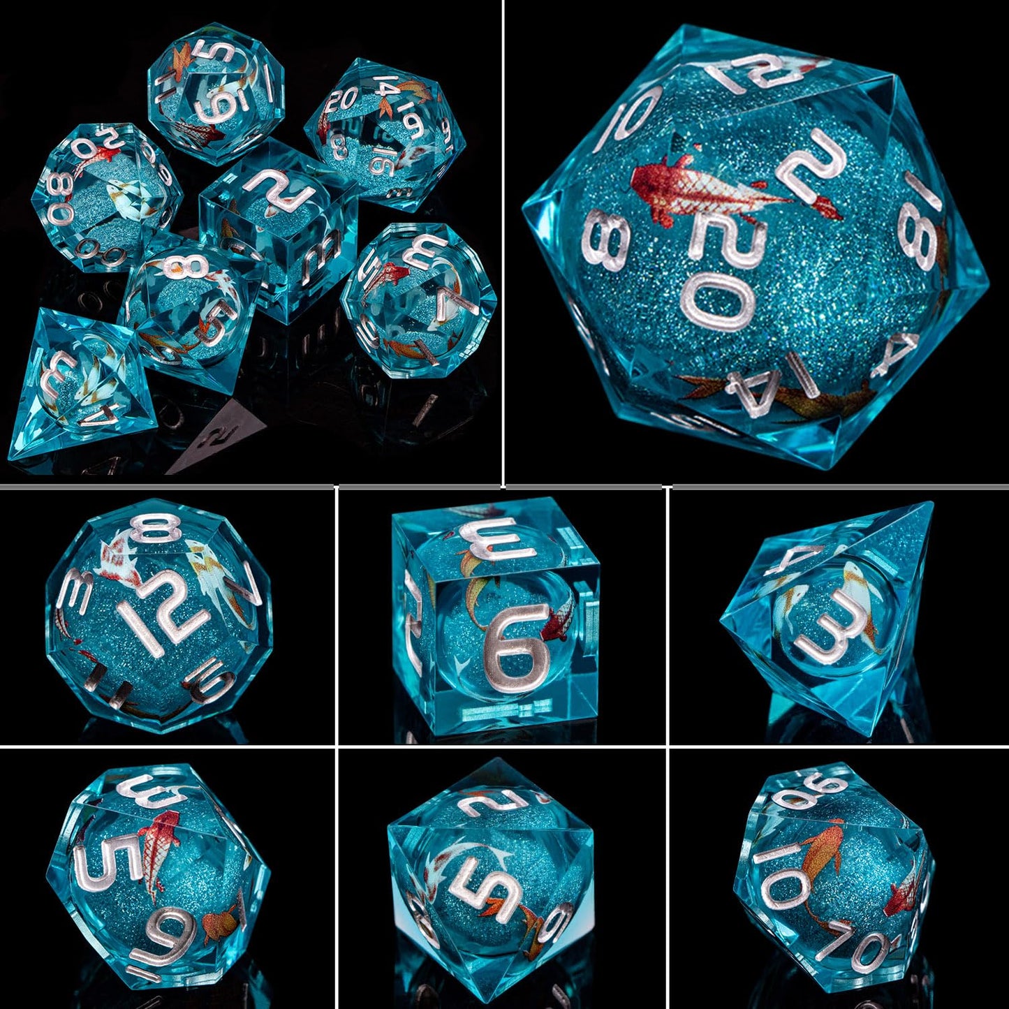 ARUOHHA Liquid Core DND Dice Set, 7pcs Resin Sharp Edged Dice for Dungeons and Dragons, Handmade RPG Dice, Koi Fish Ocean Themed