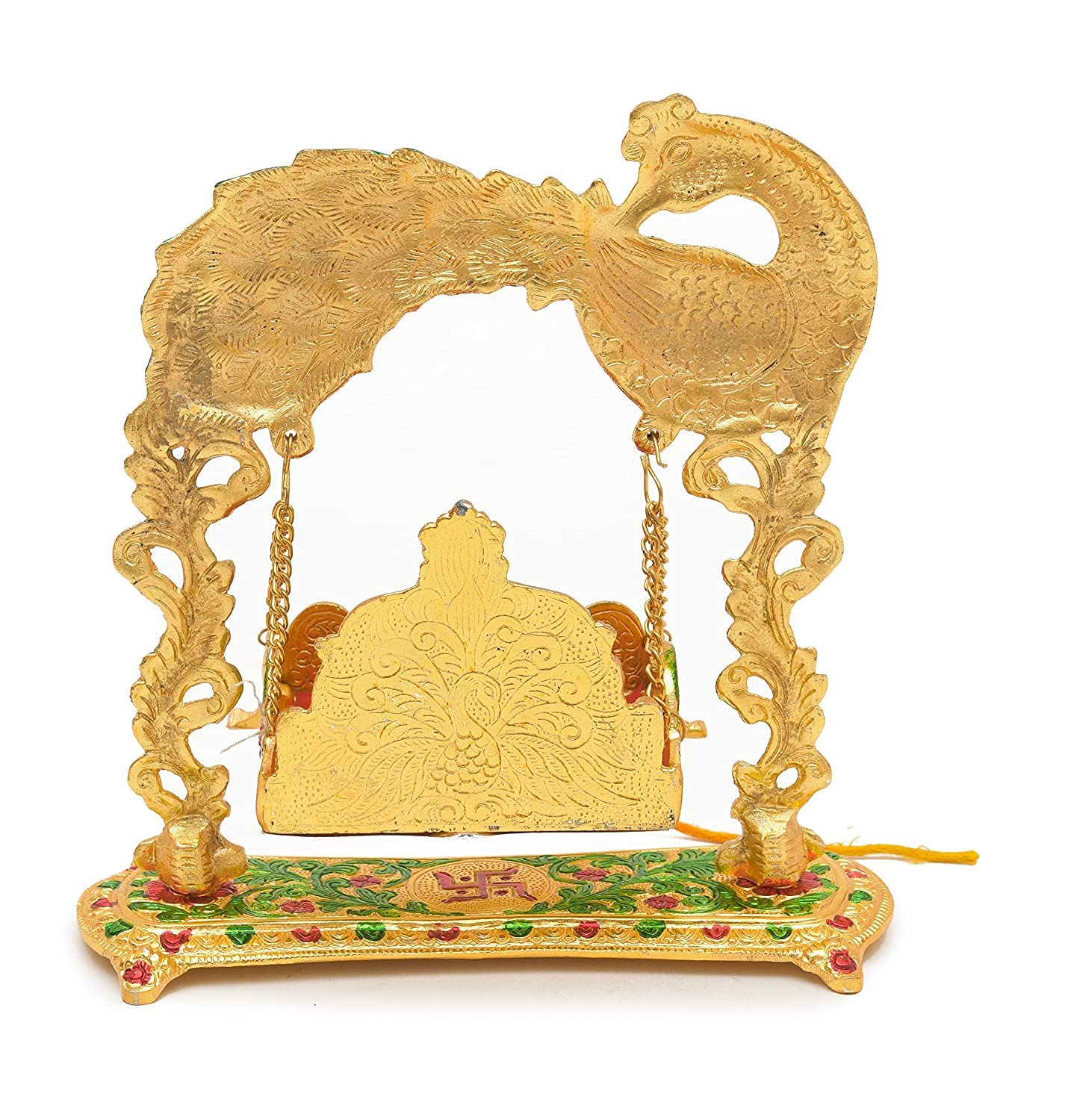 RAAVEE gifts Metal Laddu Gopal Jhula Palna for Laddu Gopal Ji, Nand Gopal Swing Palna with Peacock Design Decorative Showpiece,