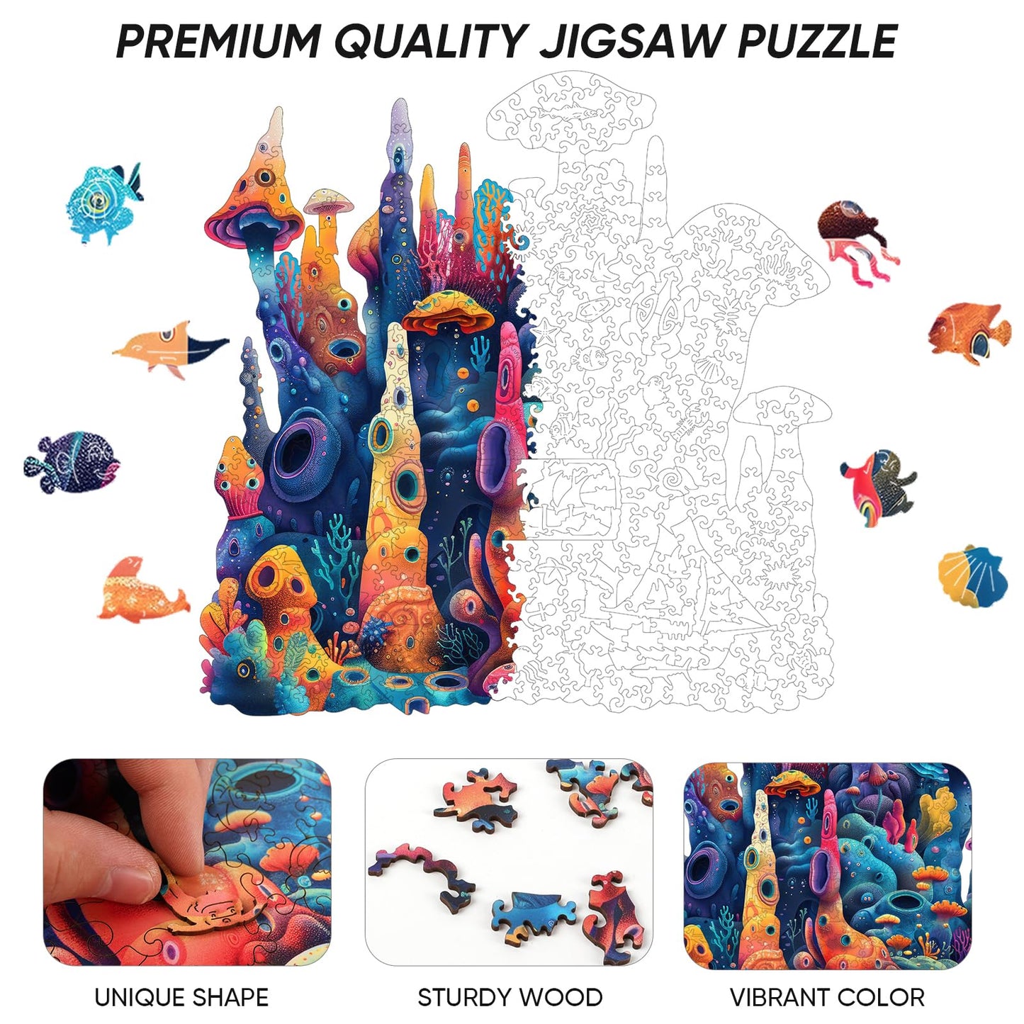 Qiuenisray Wooden Puzzles For Adults,Coral Wooden Jigsaw Puzzles 500Pcs,16.6X16.9In,Royal,Unique Shape Adult Puzzles,Irregular W