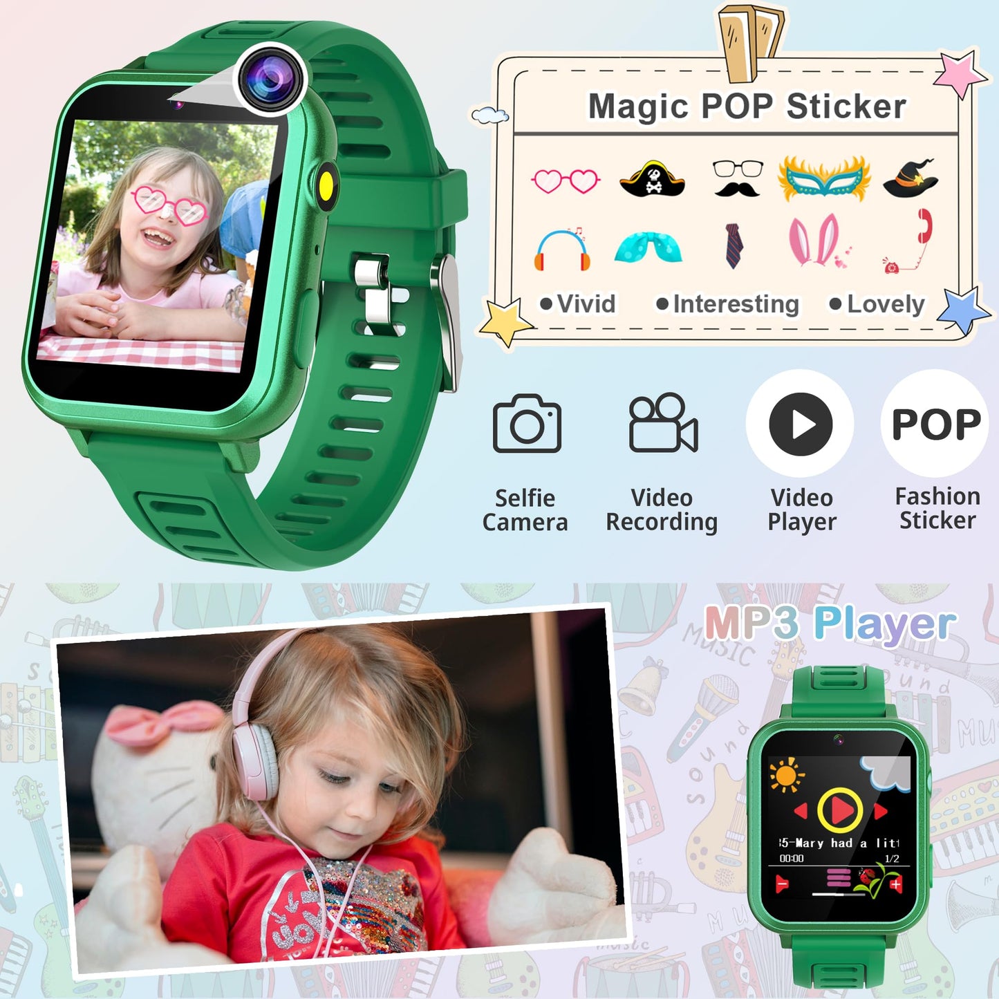 Aiwiep Kids Smart Watch For Kids With 24 Games Kids Watches Touch Screen Music Player Camera Alarm Clock Calculator Flashlight Stopwatch 12/24 Hr Toys For Kids Gift For Girls 3-12 Year Old
