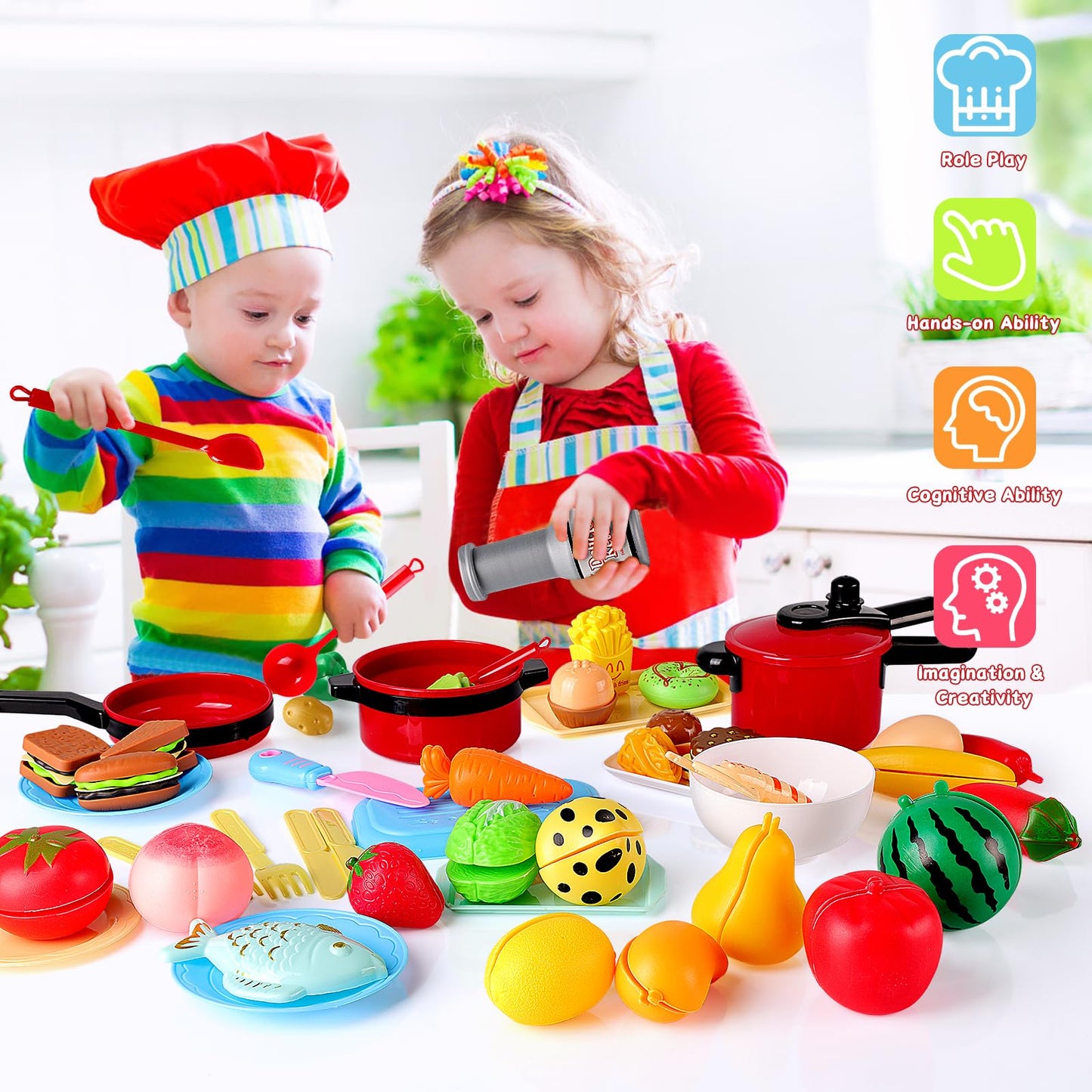 FunMission 134 Pcs Toy Kitchen Accessories, Pretend Cooking Toys with BBQ Grill, Pressure Cooker, Kettle, Pots, Pans, Kitchen Pl