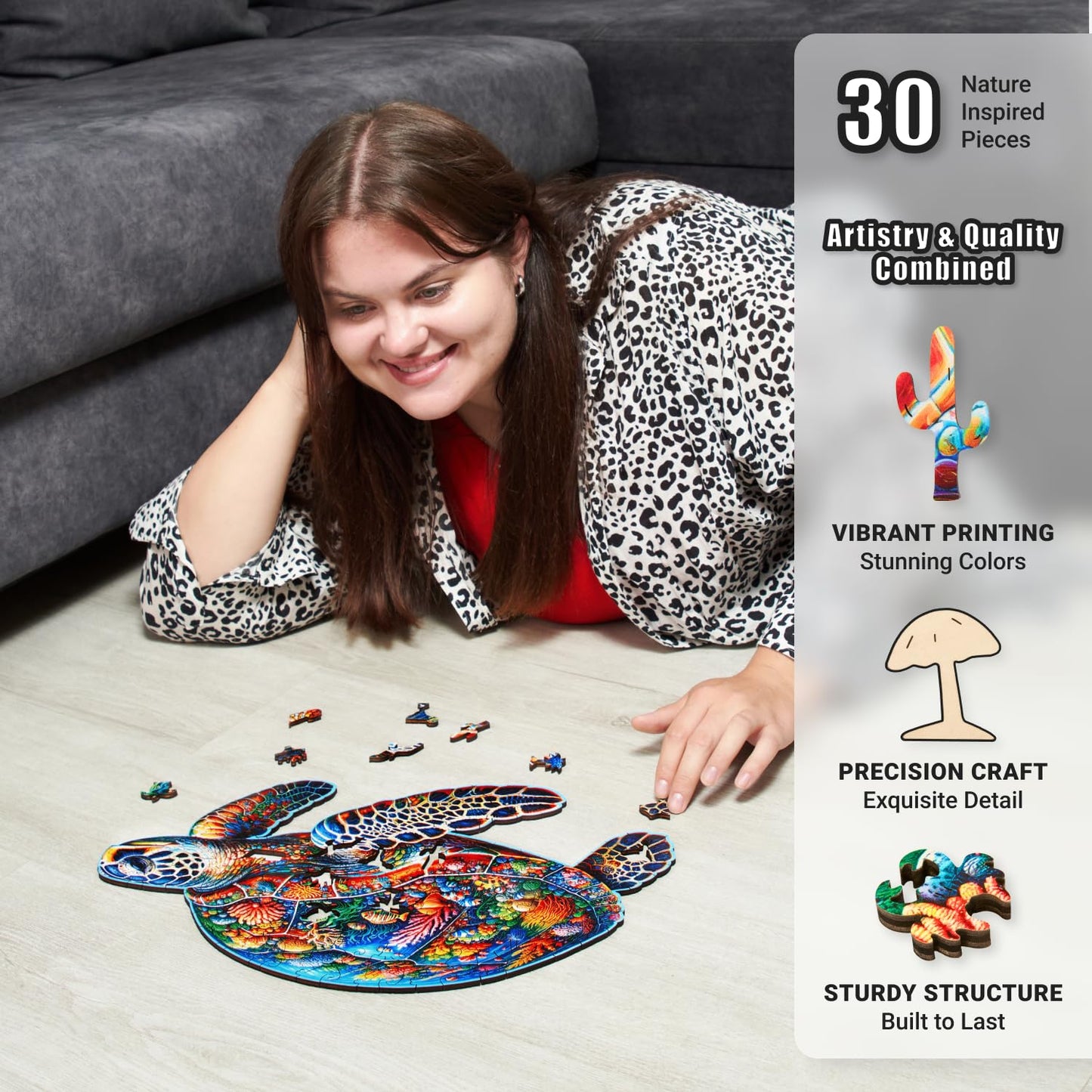 Sea Turtle Voyage - 200 Piece Wooden Puzzles for mature-themeds - 16 x 10.4 in - Extra-Thick 5 mm Wood Puzzle Hand-Shaped Pieces Marine Life Mosaic Design - enhanced Gift for Puzzle Lovers by LEOGOR
